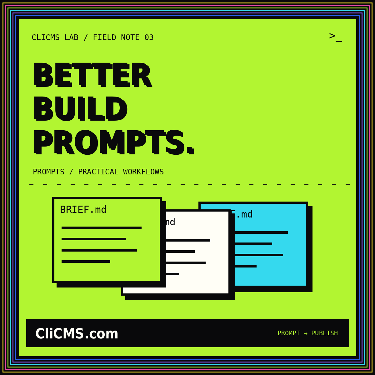 BETTER BUILD PROMPTS. — CliCMS.com document illustration with a neon pinstripe frame.